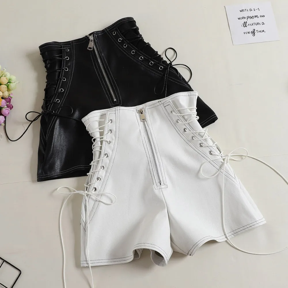 Wjczt Rosetic Bandage Sexy Denim Shorts Women Streetwear Gothic Jeans Mini High Waist Lace Up Casual Zip Black Goth Club Fashion 2021