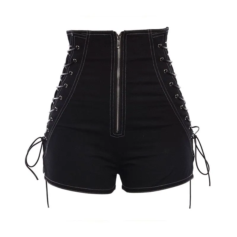 Wjczt Rosetic Bandage Sexy Denim Shorts Women Streetwear Gothic Jeans Mini High Waist Lace Up Casual Zip Black Goth Club Fashion 2021