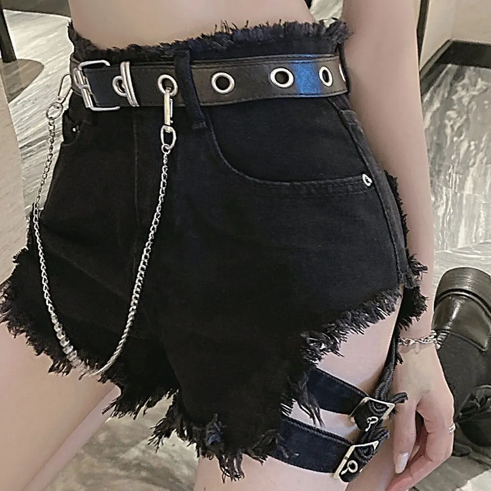 Wjczt Rosetic Bandage Sexy Denim Shorts Women Streetwear Gothic Jeans Mini High Waist Lace Up Casual Zip Black Goth Club Fashion 2021