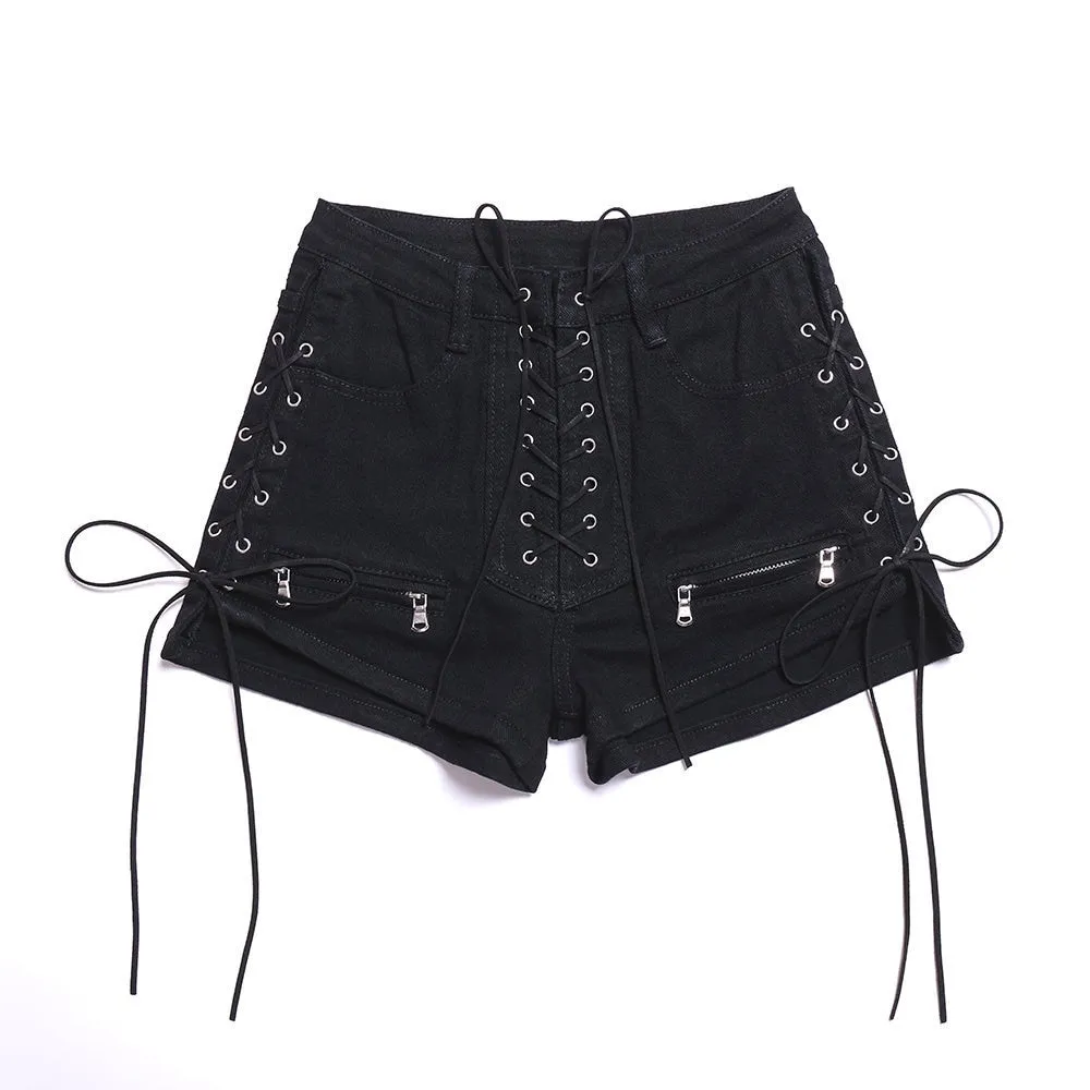 Wjczt Rosetic Bandage Sexy Denim Shorts Women Streetwear Gothic Jeans Mini High Waist Lace Up Casual Zip Black Goth Club Fashion 2021