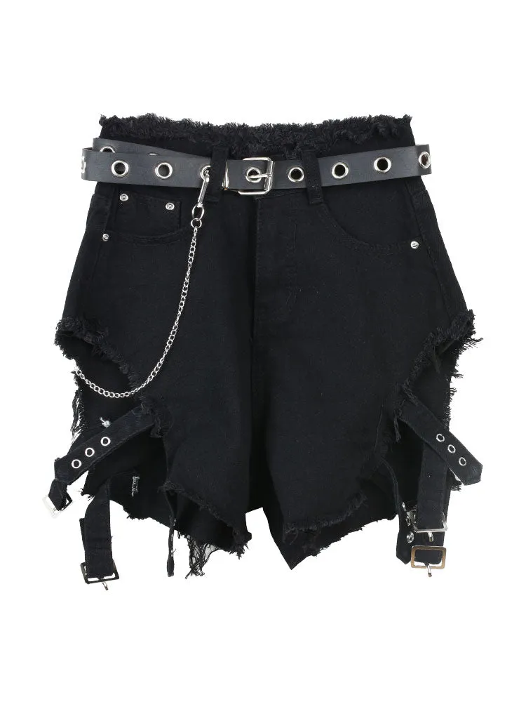 Wjczt Rosetic Bandage Sexy Denim Shorts Women Streetwear Gothic Jeans Mini High Waist Lace Up Casual Zip Black Goth Club Fashion 2021