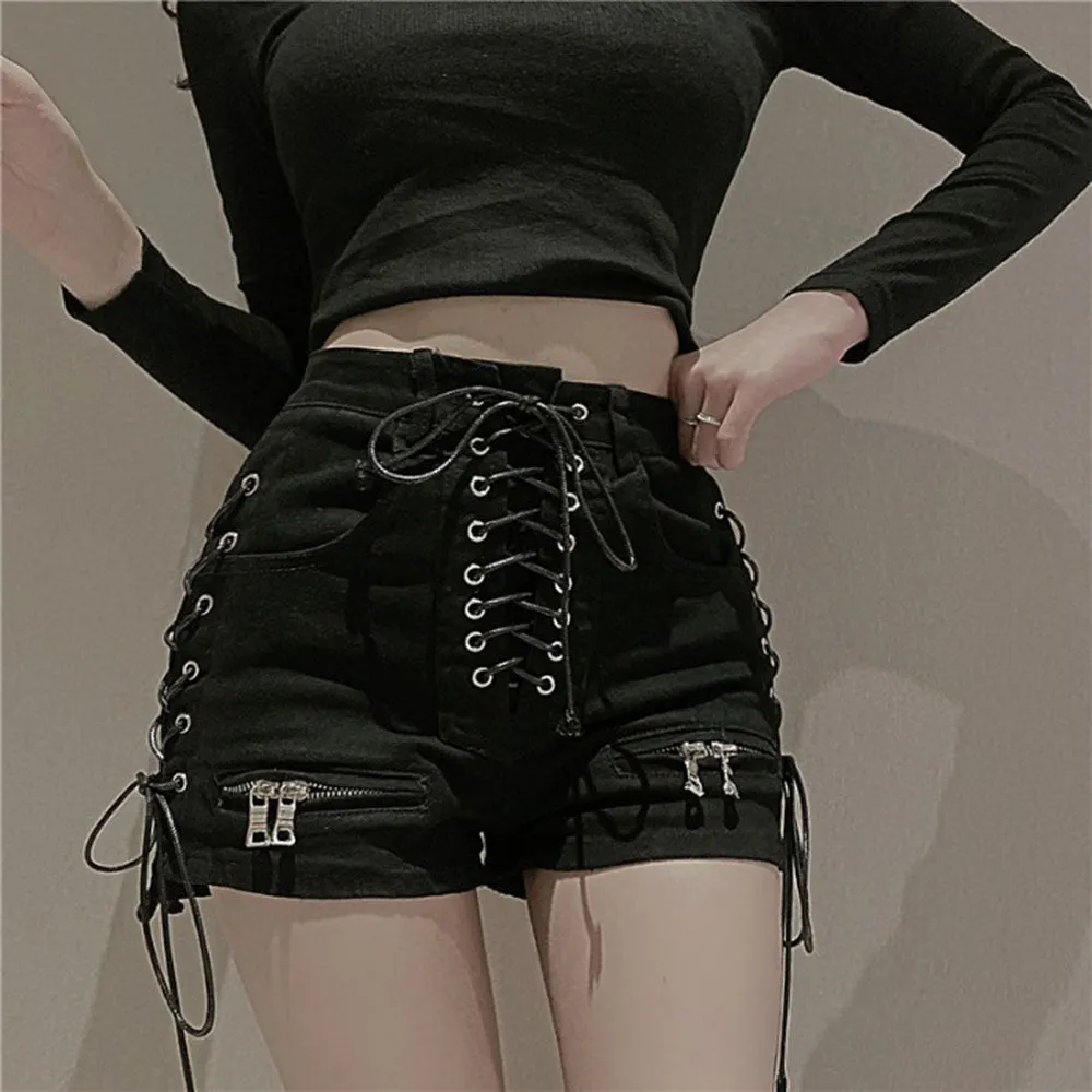 Wjczt Rosetic Bandage Sexy Denim Shorts Women Streetwear Gothic Jeans Mini High Waist Lace Up Casual Zip Black Goth Club Fashion 2021