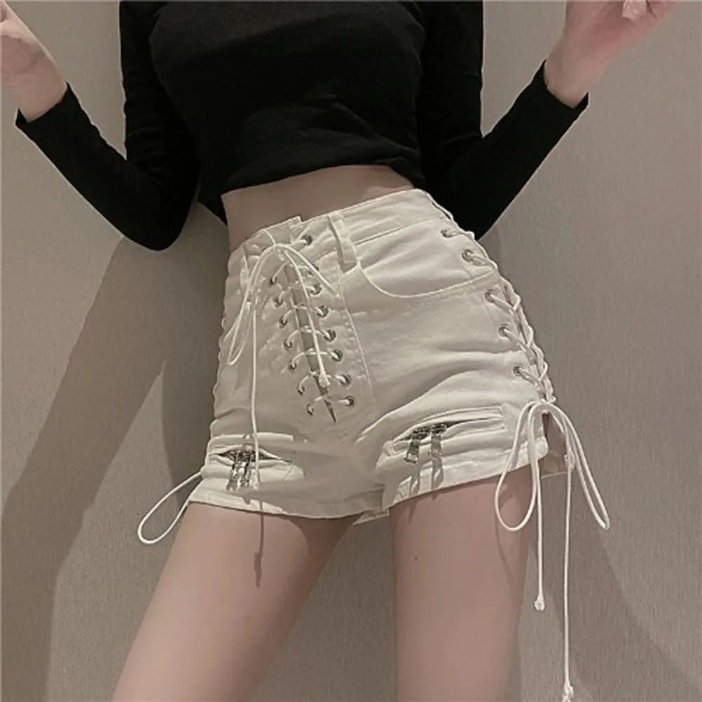 Wjczt Rosetic Bandage Sexy Denim Shorts Women Streetwear Gothic Jeans Mini High Waist Lace Up Casual Zip Black Goth Club Fashion 2021