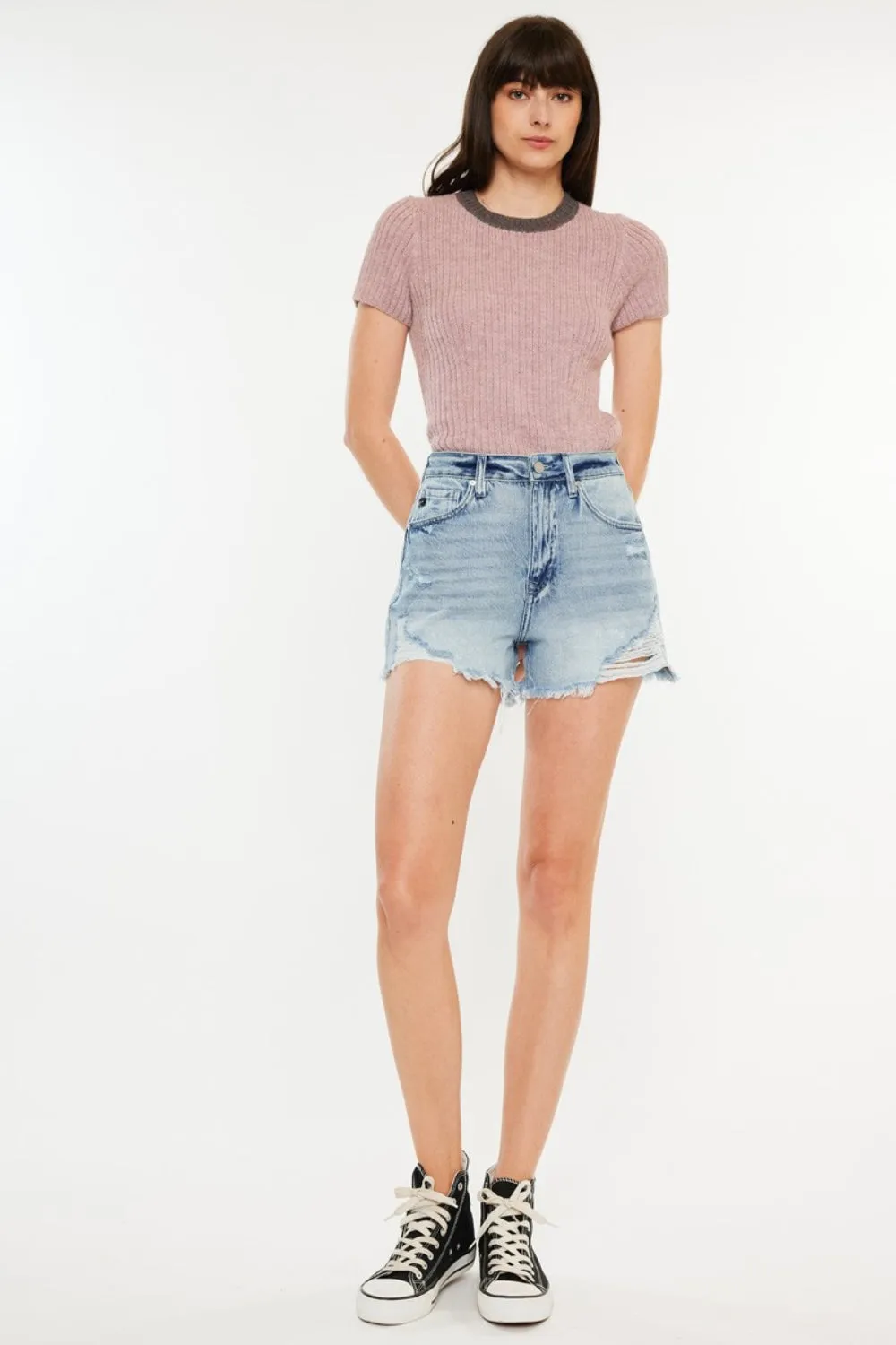 Women's Kancan Distressed High Waist Denim Shorts with Pockets